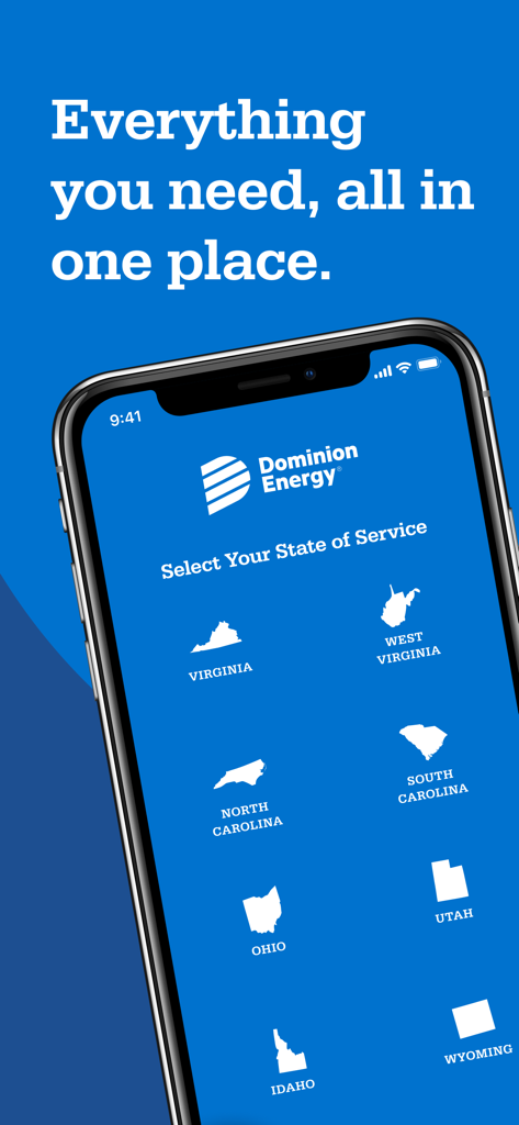 Dominion Energy - Dominion Energy app screen for selecting state of service