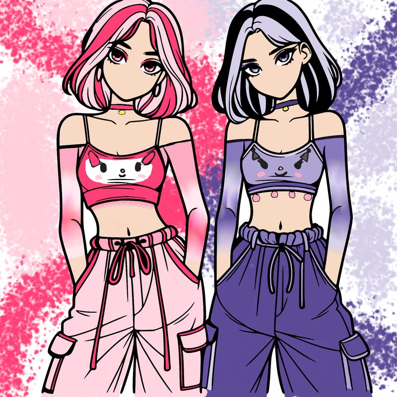 two girls with crop top with baggy pants