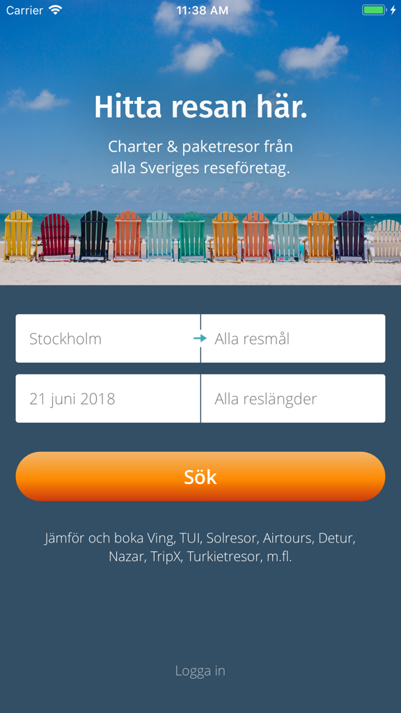 Reseguiden Charter & Paket - Main search screen of the Reseguiden travel app for Swedish package holidays