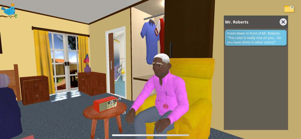 CarePlay - 케어플레이 앱의 3D 시뮬레이션 시나리오, 로버츠 씨라는 거주자와의 대화형 의사소통 연습을 보여줌