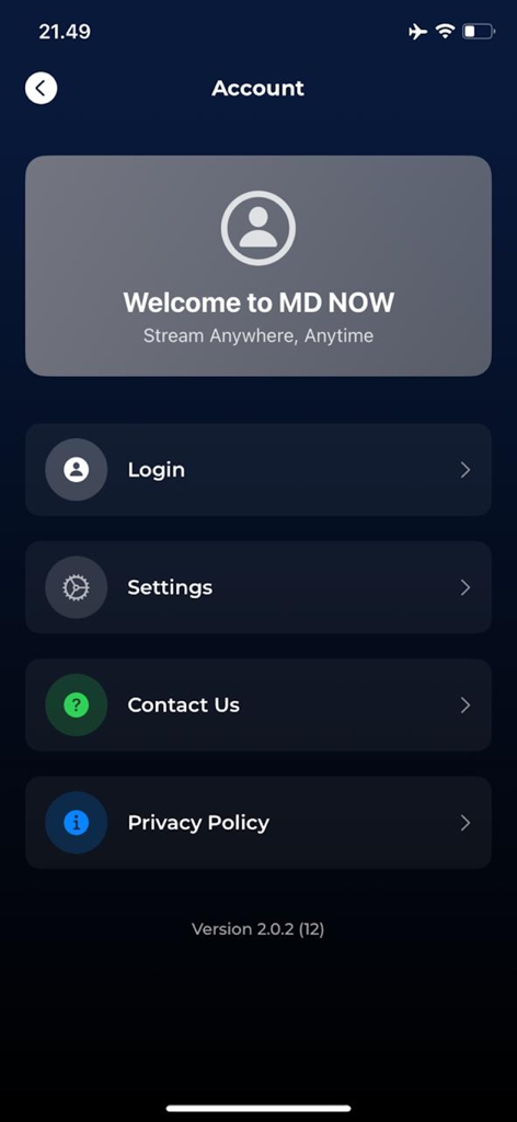 MD NOW - LiveTV - Account settings screen of the MD NOW LiveTV app showing login and contact options