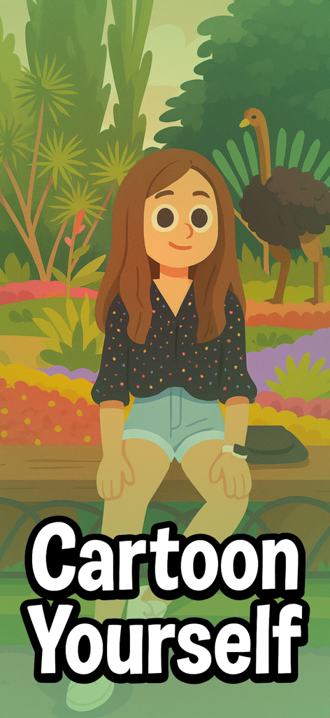 A colorful cartoon character of a woman in a park setting with an ostrich and the text Cartoon Yourself