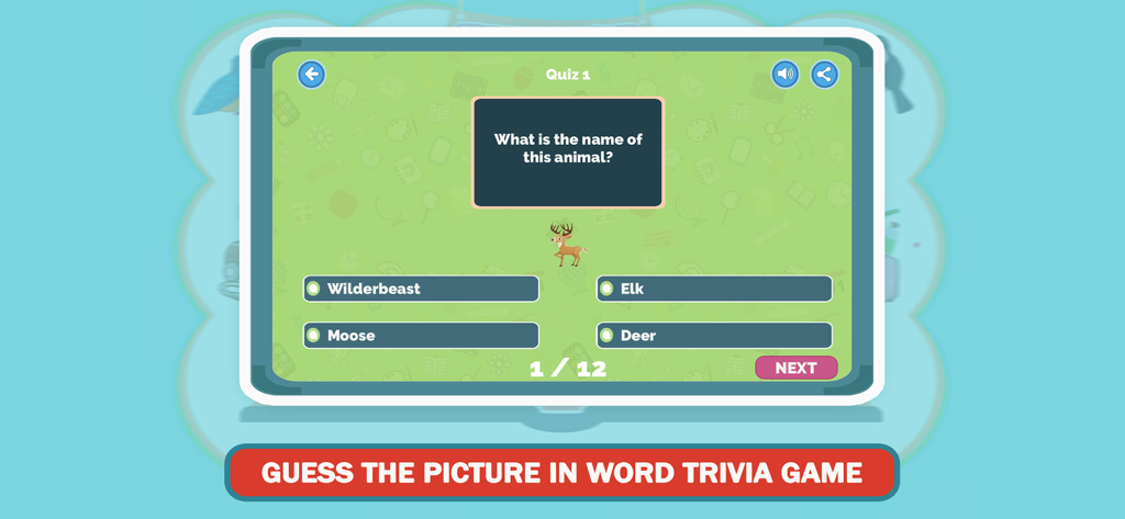 Guess The Picture For Kids App - A multiple choice educational quiz for kids asking to identify an animal from a picture of a deer.