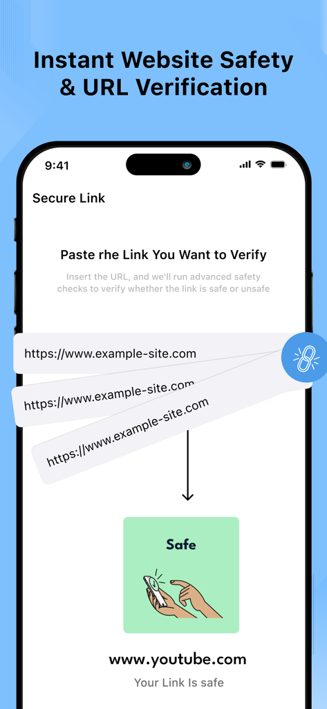 Auto Clicker - Automatic tap· - Interface of the Auto Clicker app showing the instant website safety and URL verification feature with a safe link confirmation