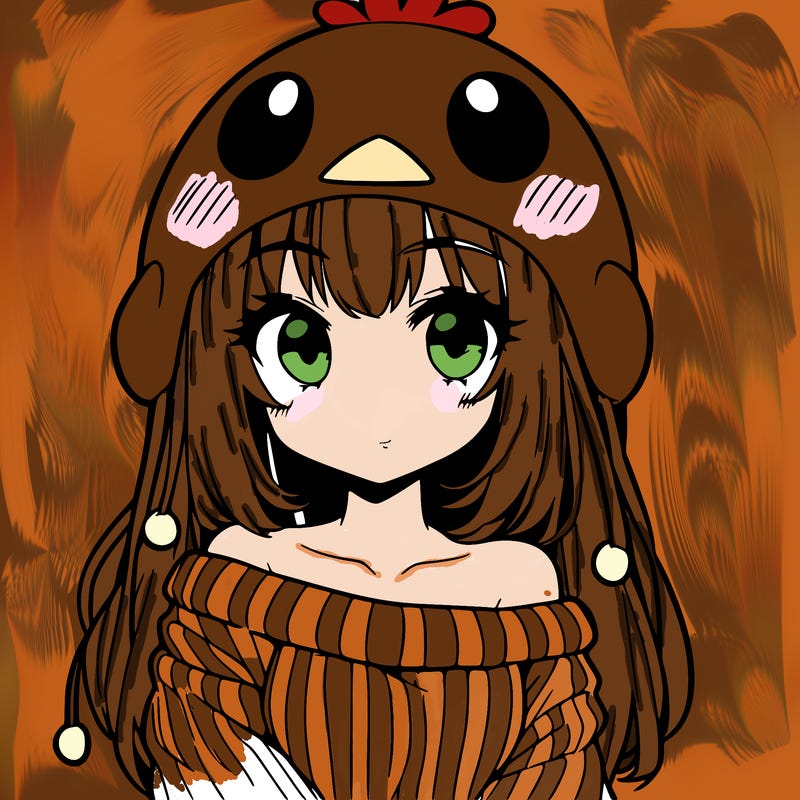 anime girl with chick shaped hat with sweater with bare shoulders with bangs covering them one eye with low tail