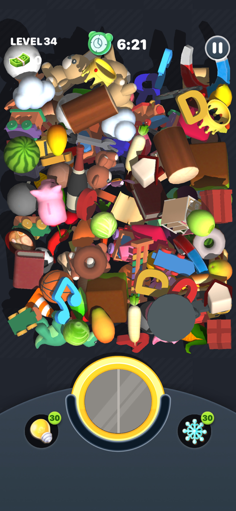 A cluttered pile of colorful 3D objects to match in a puzzle game level