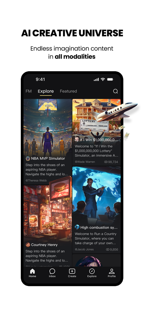 Screenshot of the Talkie Lab AI Playground app explore tab showcasing various AI generated interactive stories and simulators.