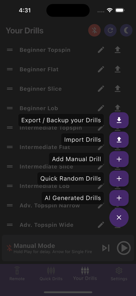 Spinfire Pro 2 - Interfaz de la app Spinfire Pro 2 mostrando opciones de gestión de ejercicios como ejercicios generados por IA y creación manual de ejercicios