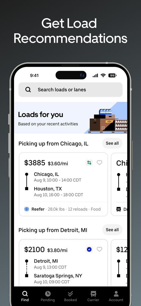 Uber Freight app interface showing personalized load recommendations with pricing and route details