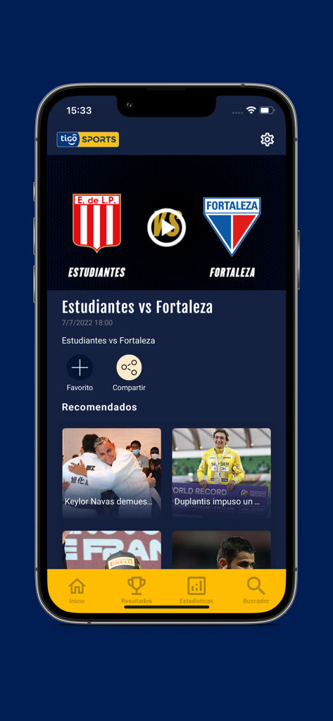 Tigo Sports Honduras - Tigo Sports Honduras app interface showing soccer match details for Estudiantes versus Fortaleza and video highlights.