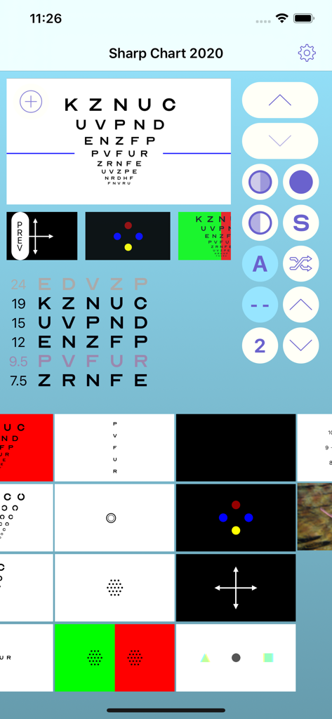 Sharp Chart 2020 LogMAR Chart - Interface of the Sharp Chart 2020 app displaying professional eye examination charts and clinical vision testing tools