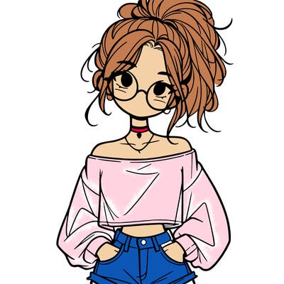 girl with a messy ponytail glasses a baggy crop top and jean shorts