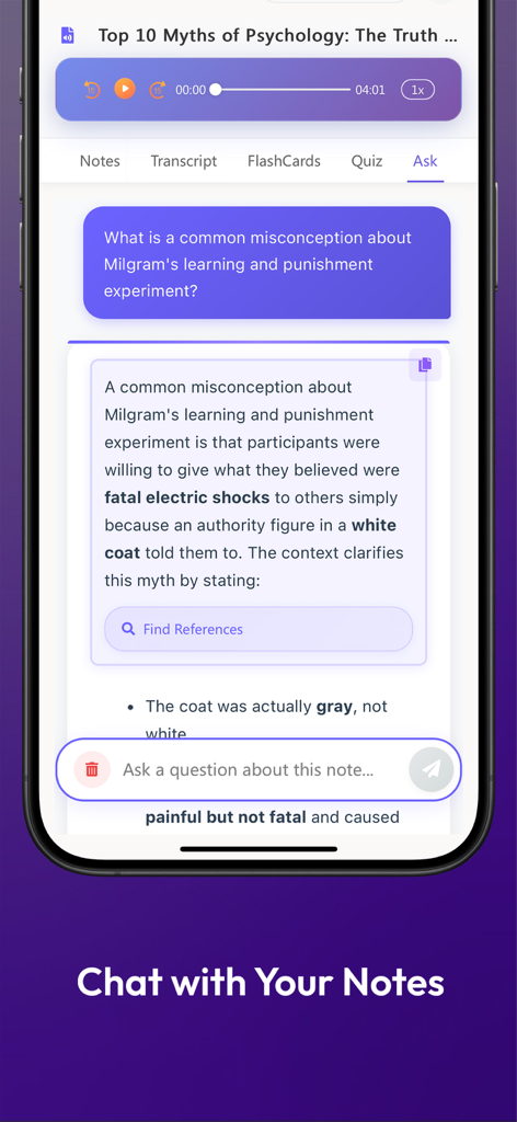 EasyNoteAI-AI Note Taker - Una interfaz de smartphone que muestra un chatbot de IA respondiendo a la pregunta de un estudiante sobre notas de psicología dentro de la aplicación EasyNoteAI.
