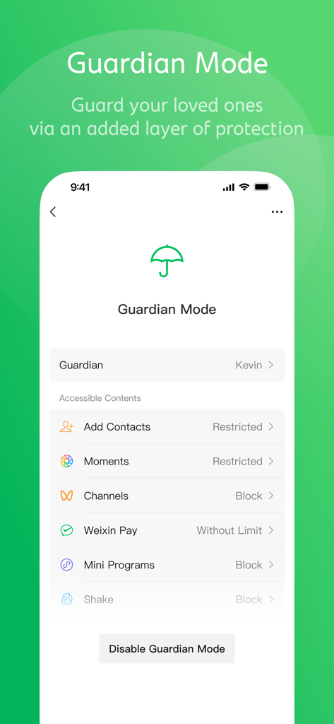 WeChat Guardian Mode interface showing parental control settings and restricted content options
