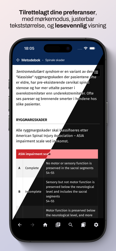 Metodebok Nett - Metodebok Nettモバイルアプリのインターフェース。医療プロトコルの表示。ライトモードとダークモードの分割画面ビュー。