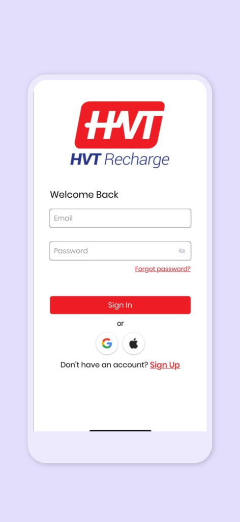 HVT - 로그인 필드와 소셜 계정 옵션이 있는 HVT Recharge 앱 로그인 화면