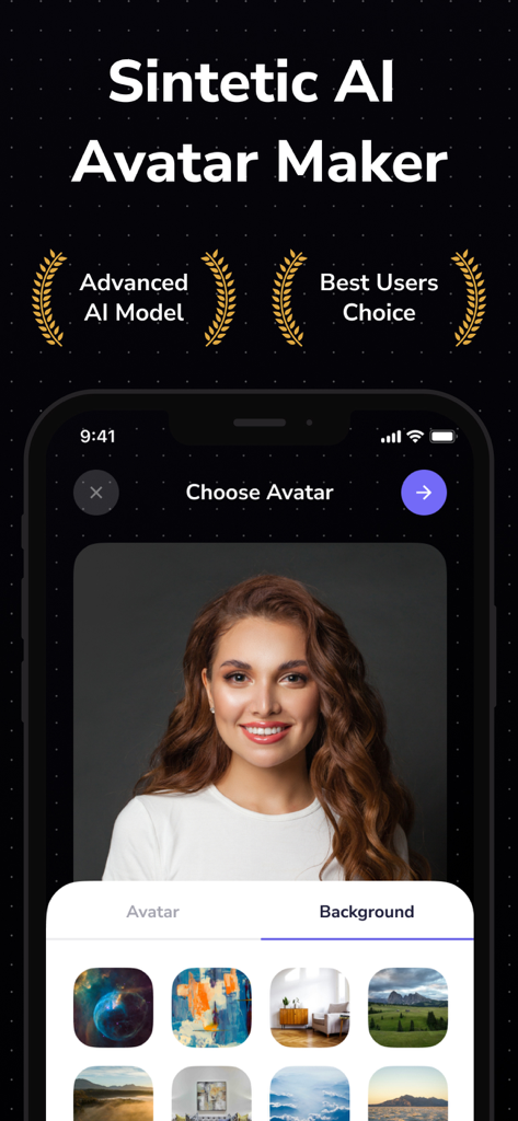 Sintetic - AI Avatar Maker - Sintetic app interface showing a female AI avatar and a menu to select different backgrounds.