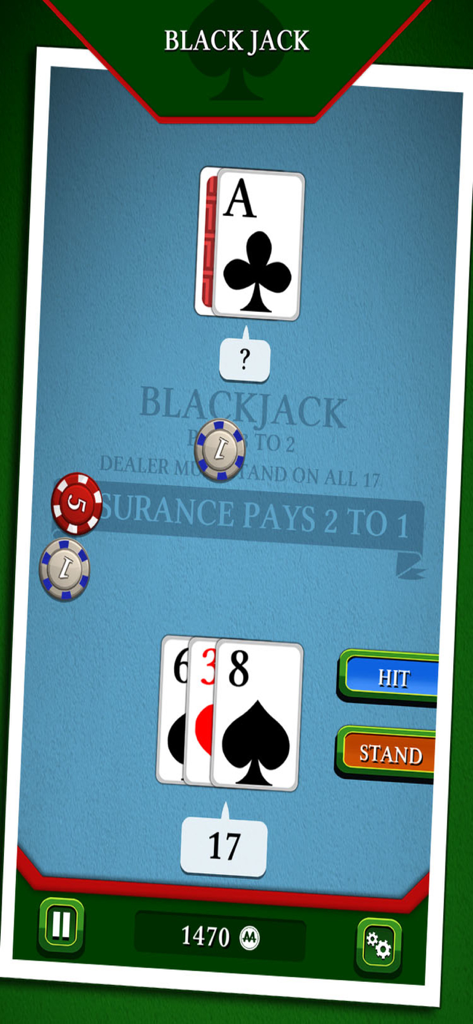 A mobile blackjack game showing a player hand of 17 and the dealer face up Ace card.