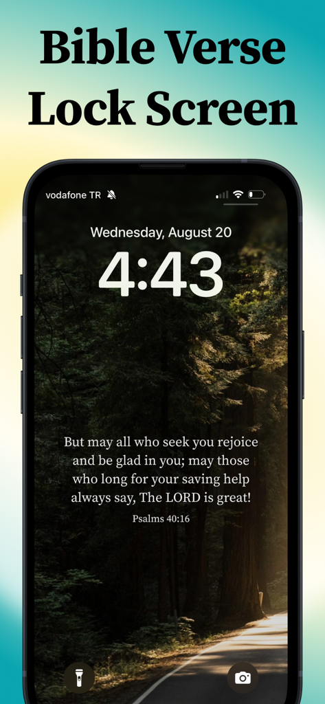 Lockscreen Bible Verse Widget - An iPhone lock screen featuring a Bible verse widget from Psalms over a forest landscape wallpaper