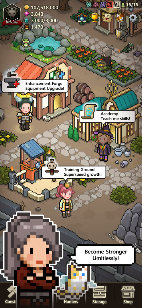 Evil Hunter Tycoon - Top down view of a pixel art town with hunters and training buildings in Evil Hunter Tycoon