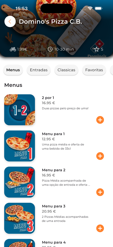 Xicos - Screenshot of the Xicos food delivery app showing a Domino's Pizza menu with various combo deals and pizza options in Portuguese.