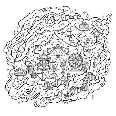 Explore a breathtaking fusion of space and spectacle with this Helix Nebula carnival coloring page. Immerse yourself in 'The Eye of God' filled with acrobats, carousels, and cosmic fairground delights.