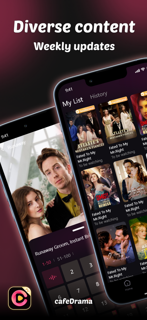CafeDrama-Short Dramas & Movie - CafeDrama app screens showing a library of short romantic dramas and an episode selection interface