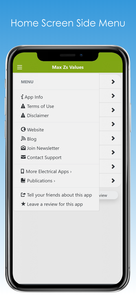 The home screen side menu of the Max Zs Values mobile app showing navigation options.