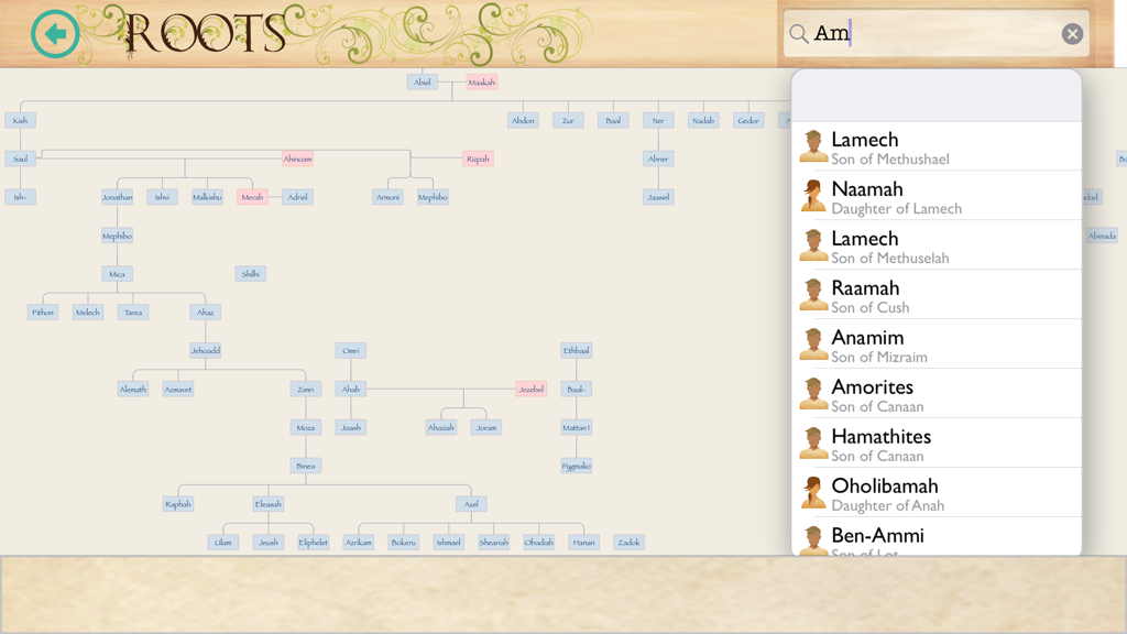 Bible Family Tree app interface displaying a genealogical chart and search suggestions for biblical figures