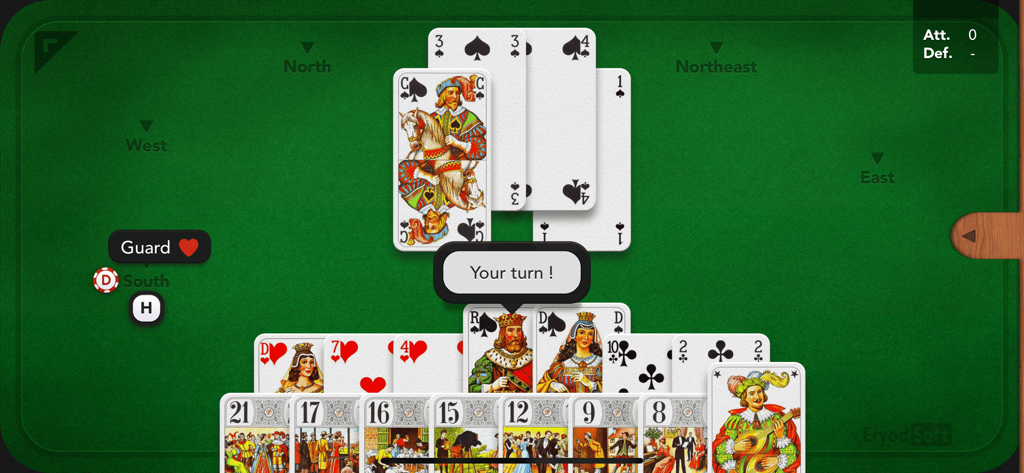 French Tarot - Interface d'un jeu de tarot français numérique montrant une manche en cours sur une table verte avec une invite pour le joueur