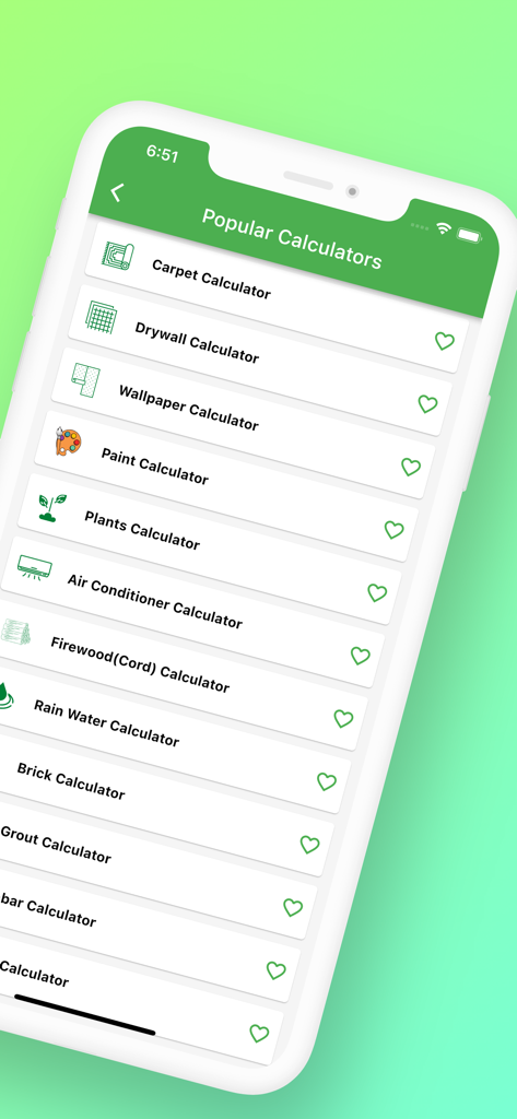 Interfaz de la aplicación Calculadora de Construcción Pro mostrando varias herramientas de cálculo de materiales como alfombras, paneles de yeso y pintura