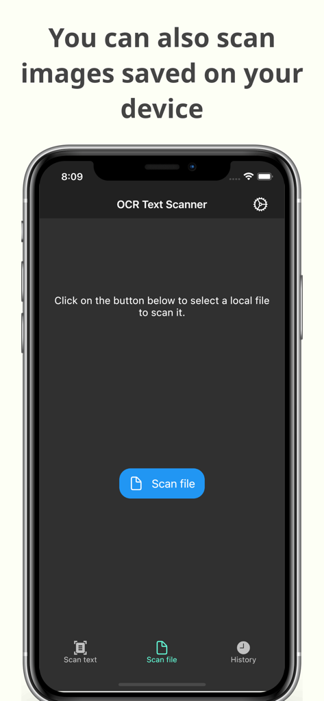 OCR Text Scanner app interface showing the feature to scan images saved on the device for text recognition