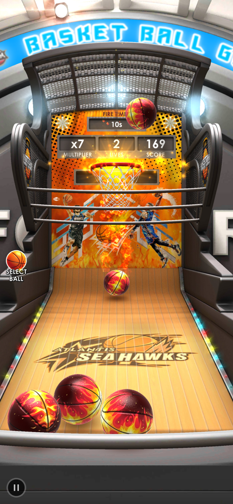 Basketball Flick 3D - A 3D basketball arcade game showing flaming balls and a score multiplier.