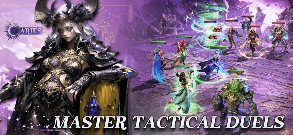 Eine strategische Kampfszene in Motto Immortal mit der Sternzeichen-Göttin Widder