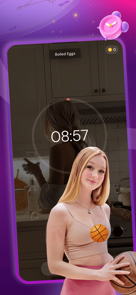 Tikao - Interface de l'application Tikao montrant un minuteur minimaliste pour les œufs à la coque avec une image d'arrière-plan personnalisée