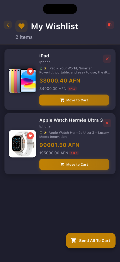 MarkiTo - MarkiTo app wishlist interface showing an iPad and Apple Watch Hermès Ultra 3 with options to move items to the shopping cart
