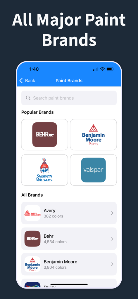 Tela do aplicativo móvel mostrando uma lista de grandes marcas de tinta, incluindo Behr, Benjamin Moore, Sherwin-Williams e Valspar.