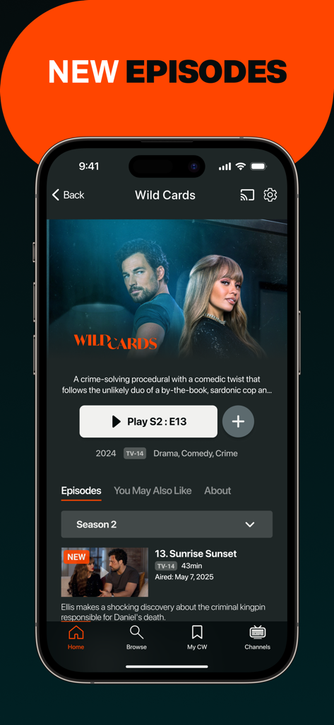The CW - Captura de pantalla de la aplicación móvil The CW en un iPhone que muestra la sección de episodios nuevos del programa Wild Cards