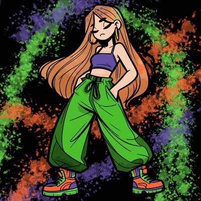 girl in baggy pants crop top and long hair