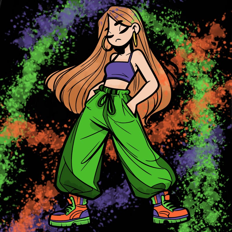 girl in baggy pants crop top and long hair