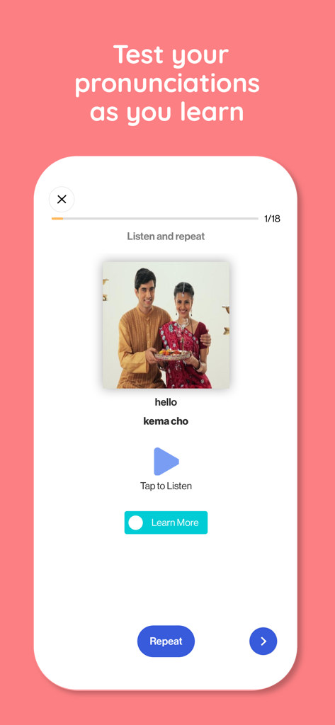 Language Curry - Speak Indian - Language Curry app screen showing a listen and repeat pronunciation test for the Gujarati phrase kema cho