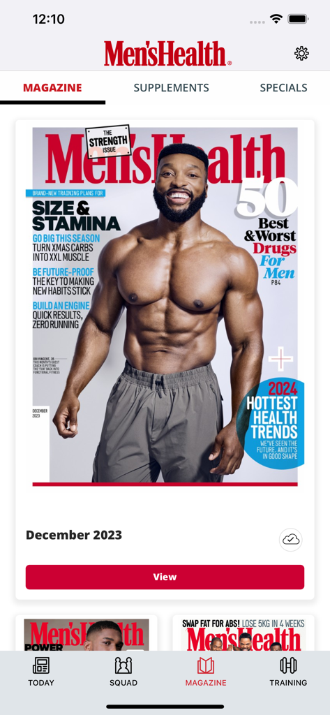 Men's Health UK - フィットネスと健康の見出しを表示する2023年12月号のデジタルカバーを表示するMen's Health UKアプリのマガジンセクションのスクリーンショット