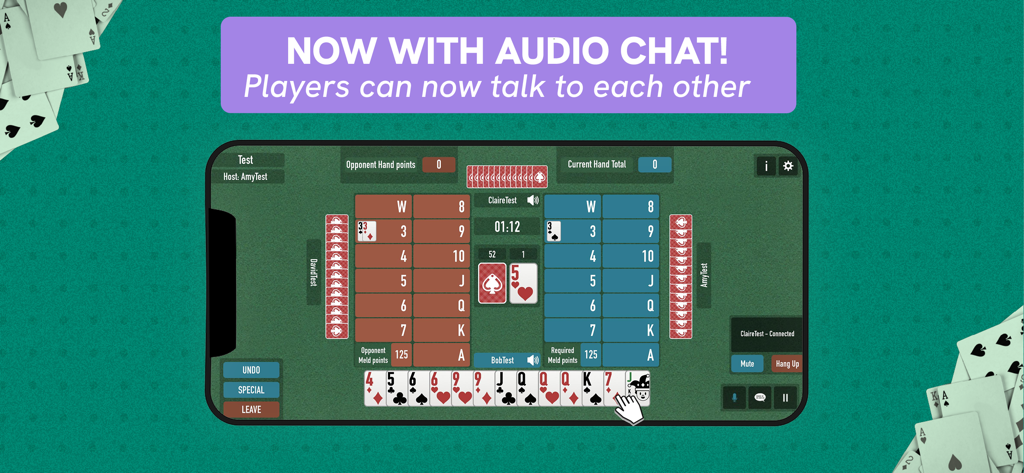 Canasta Junction mobile app interface showing a live game with a banner advertising the new audio chat feature for players.