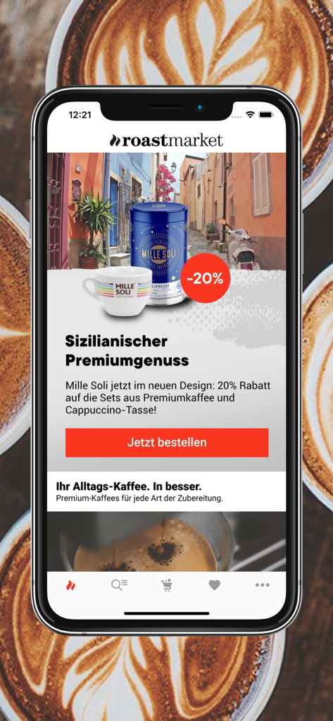 Bildschirm der Roastmarket-App, der einen Rabatt von 20 Prozent auf sizilianische Premium-Kaffee-Sets zeigt, einschließlich einer Mille-Soli-Dose und einer Kaffeetasse.