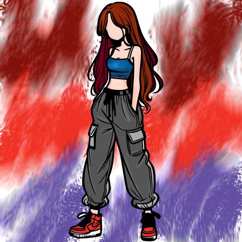 girl in baggy pants crop top and long hair