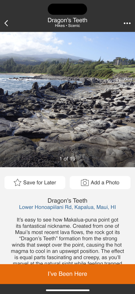 마우이 오프라인 섬 가이드 앱의 용의 이빨(Dragon's Teeth) 경치 좋은 하이킹 정보 스크린샷