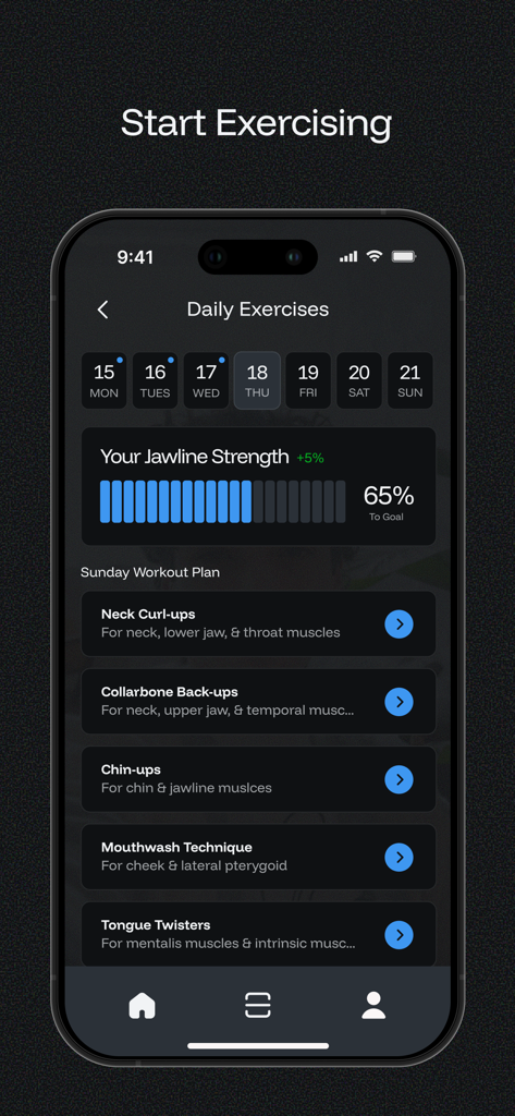 AscendMax - Become Hot - AscendMax 앱의 일일 턱선 운동 루틴 및 진행 상황 추적.