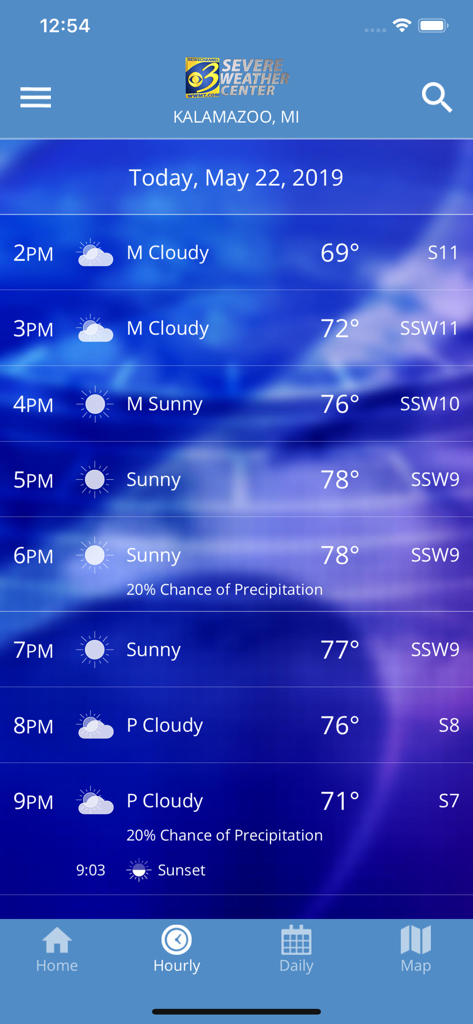 Hourly weather forecast view of the WWMT Weather Alert Network app showing conditions for Kalamazoo Michigan