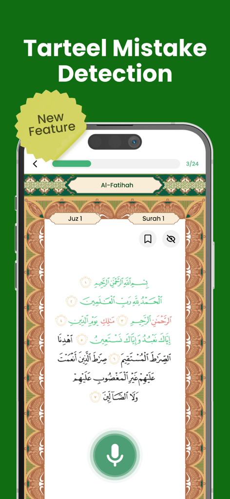 Quran 360: AlQuran English - Quran 360 app interface showing the Tarteel Mistake Detection feature for Quranic recitation