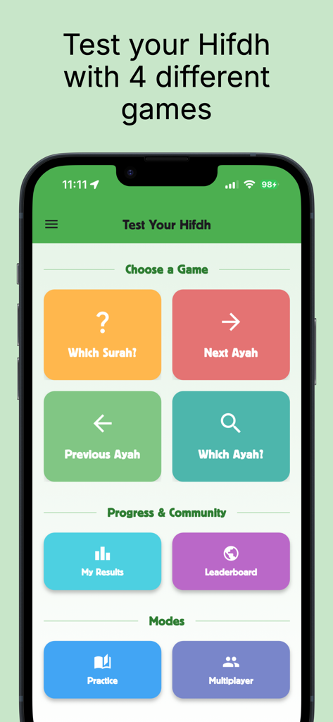 Quran Memory Game - The main menu of the Quran Memory Game displaying different Hifdh testing modes and progress tracking features